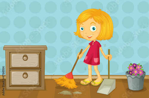 A girl cleaning a room