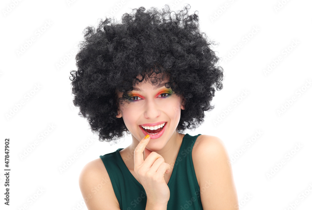 Woman wearing black afro wig Woman wearing black afro wig