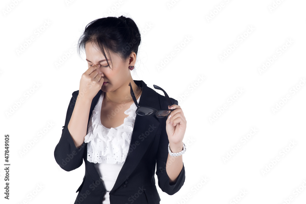 Stressed business woman with a headache isolate on white backgro Stressed business woman with a headache isolate on white backgro