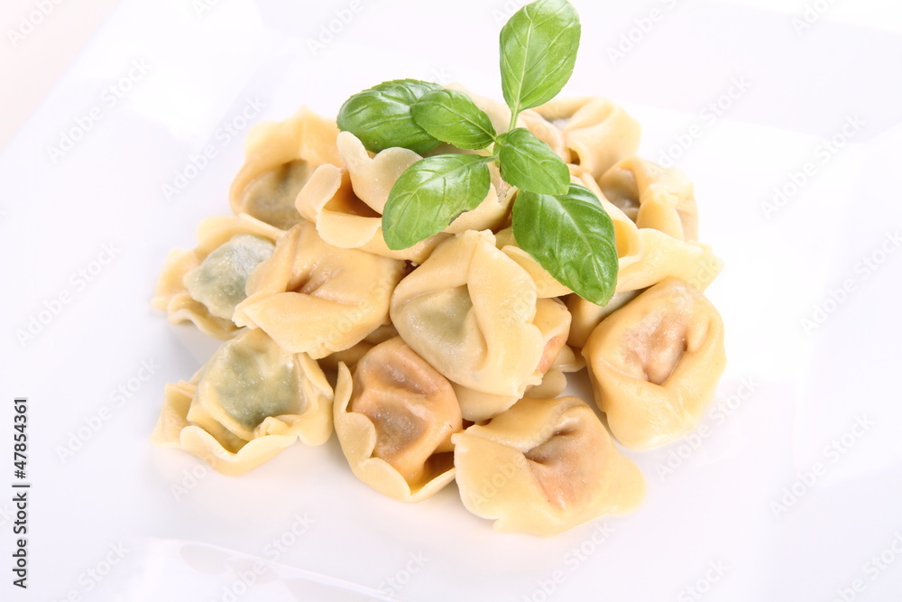 Tortellini on a plate decorated with fresh basil Tortellini on a plate decorated with fresh basil