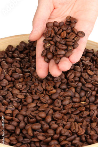Coffee beans in hand close-up