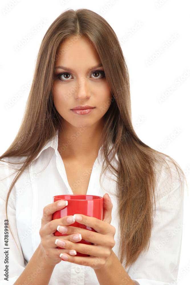 beautiful young woman with cup of tea, isolated on white beautiful young woman with cup of tea, isolated on white