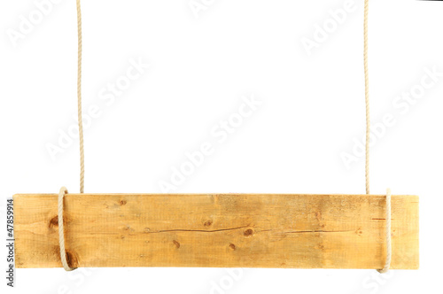 blank wooden sign hanging on rope, isolated on white