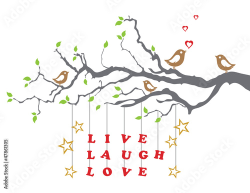 Love birds on a tree branch with live laugh love