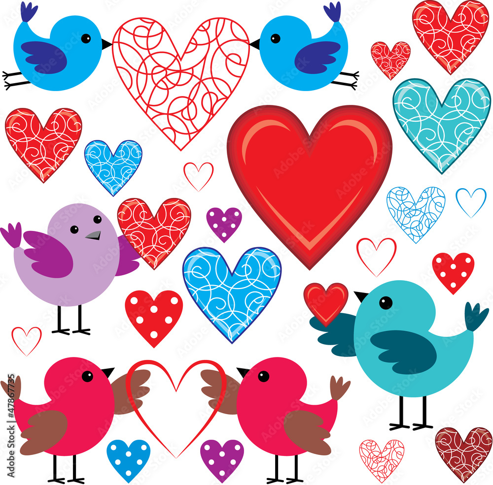 Set of birdies and hearts Set of birdies and hearts