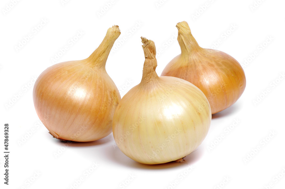 Three onions vegetables isolated on white background