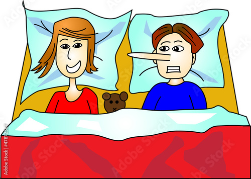 Woman and man in bed making a lie