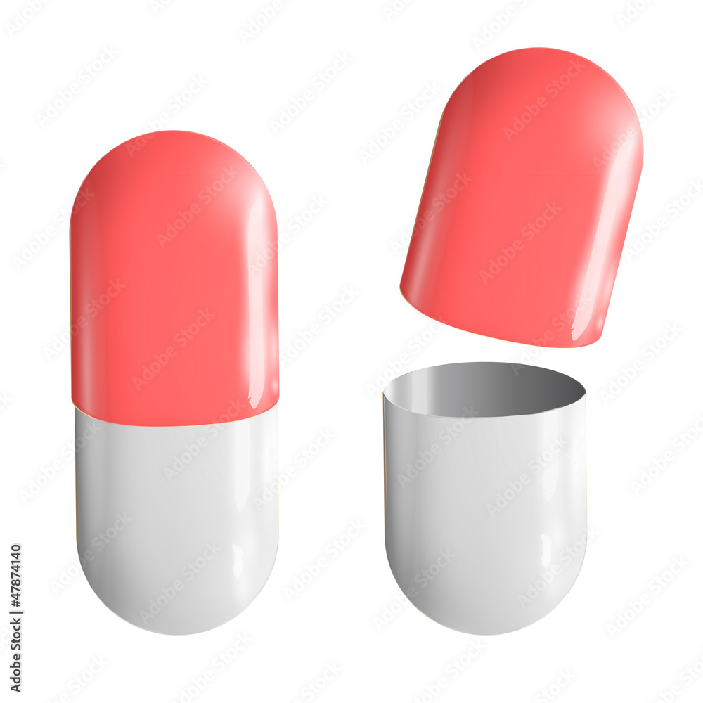 Red and white pill open and close. Vector design. Red and white pill open and close. Vector design.
