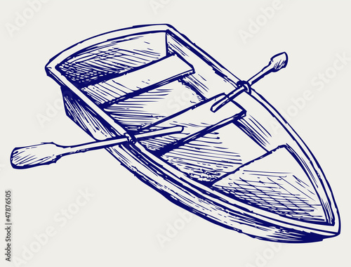 Wooden boat with paddles. Doodle style