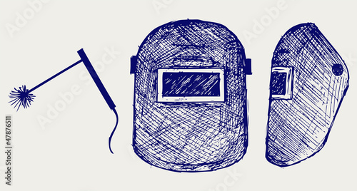 Protective welding mask helmet. Doodle style