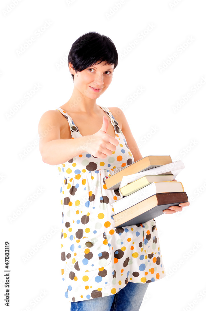 Junger weiblicher Student mit einem Stapel Bücher Junger weiblicher Student mit einem Stapel Bücher