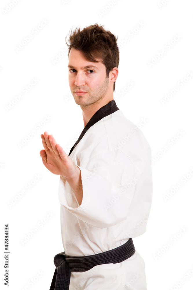 Young man practicing martial arts over white background Young man practicing martial arts over white background