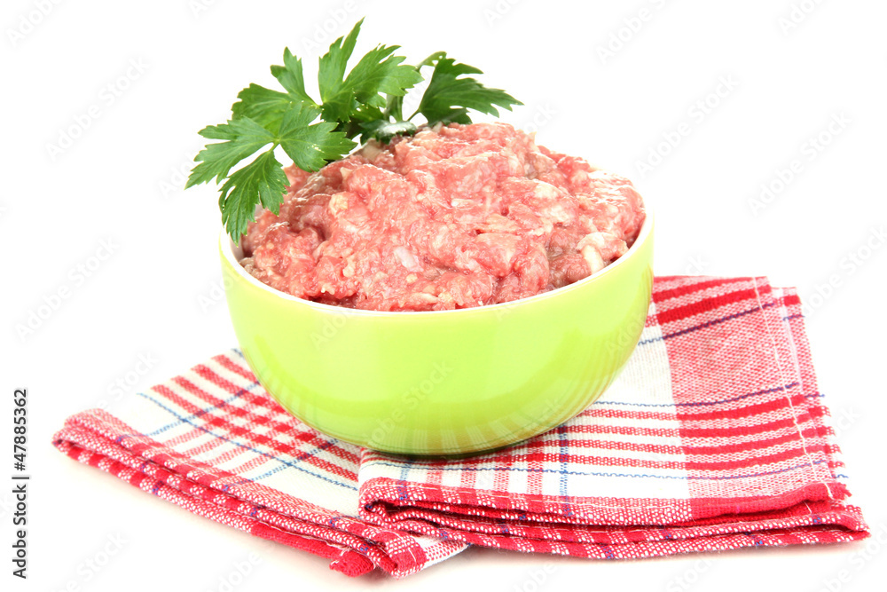 Bowl of raw ground meat isolated on white Bowl of raw ground meat isolated on white