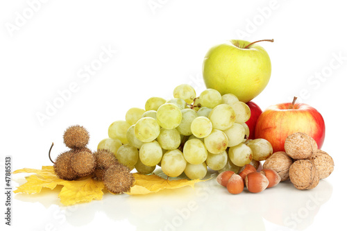 Green grape with nuts isolated on white