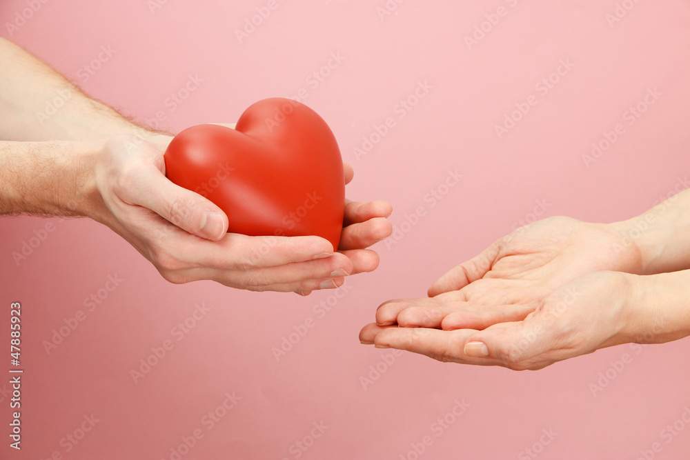 Obraz premium Red heart in woman and man hands, on pink background