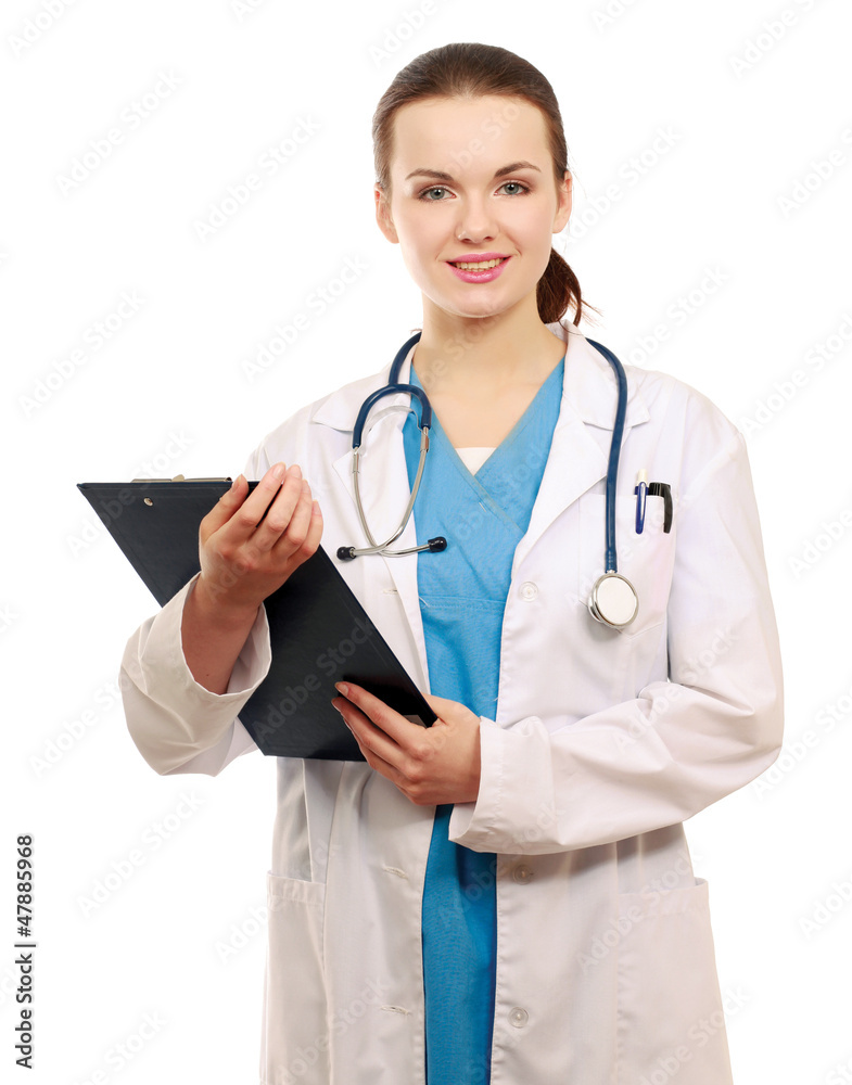 A female doctor with a folder isolated on white background A female doctor with a folder isolated on white background