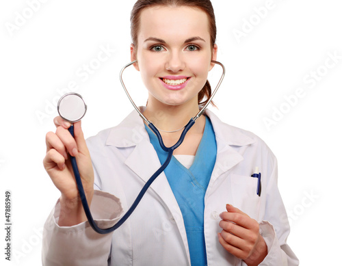 A doctor listening with a stethoscope, close-up