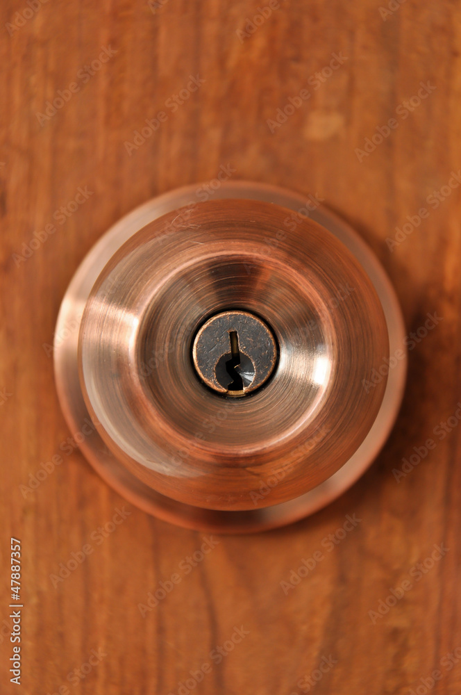 Color photo of a metal handle on a wooden door Color photo of a metal handle on a wooden door