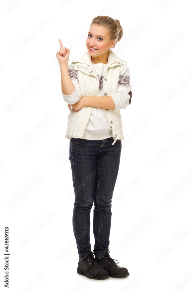 Young smiling girl shows pointing gesture Young smiling girl shows pointing gesture