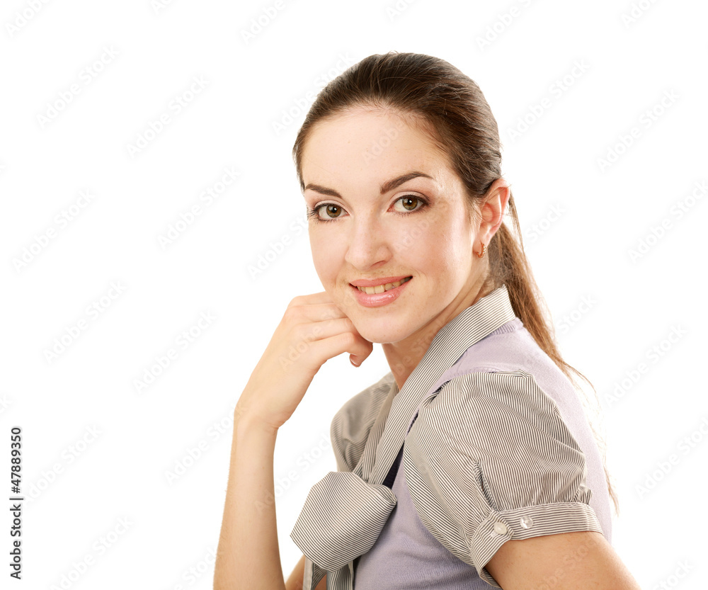 A young woman sitting at the desk. Isolated on white background A young woman sitting at the desk. Isolated on white background