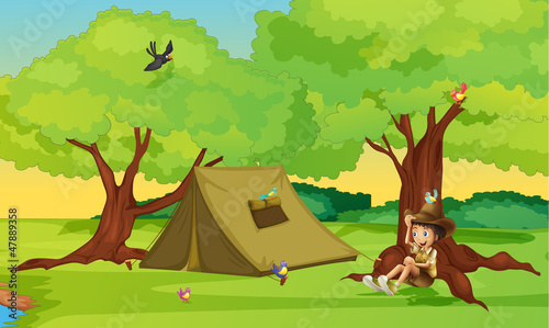 A boy and a tent for camping