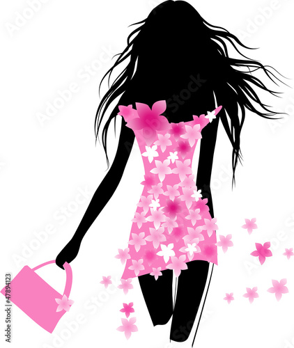Naklejka na ścianę stylowa dziewczyna w różowej sukience z torebką
