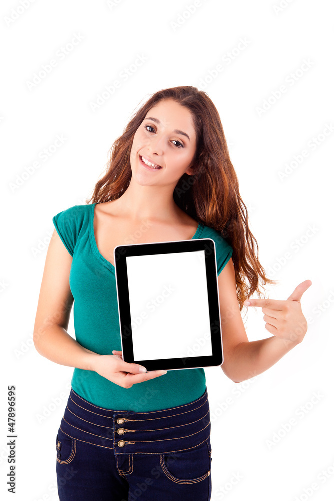 Young beautiful woman with tablet PC on white background Young beautiful woman with tablet PC on white background