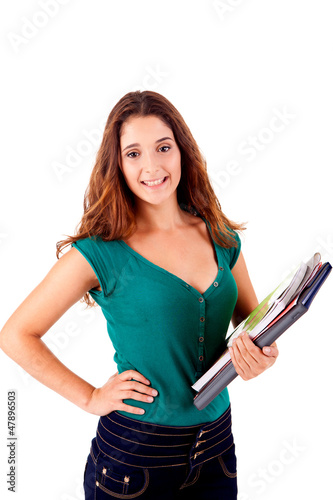 University girl holding books and smiling