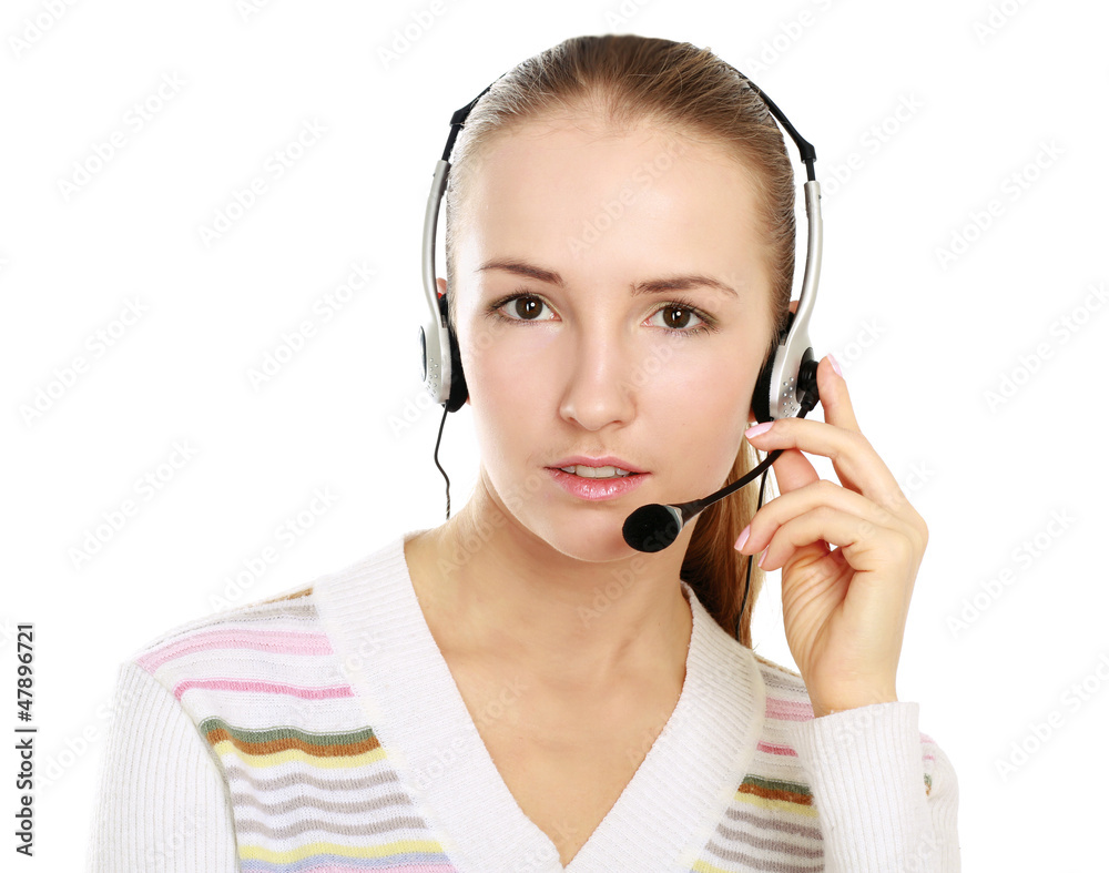 A smiling customer service girl isolated on white background A smiling customer service girl isolated on white background