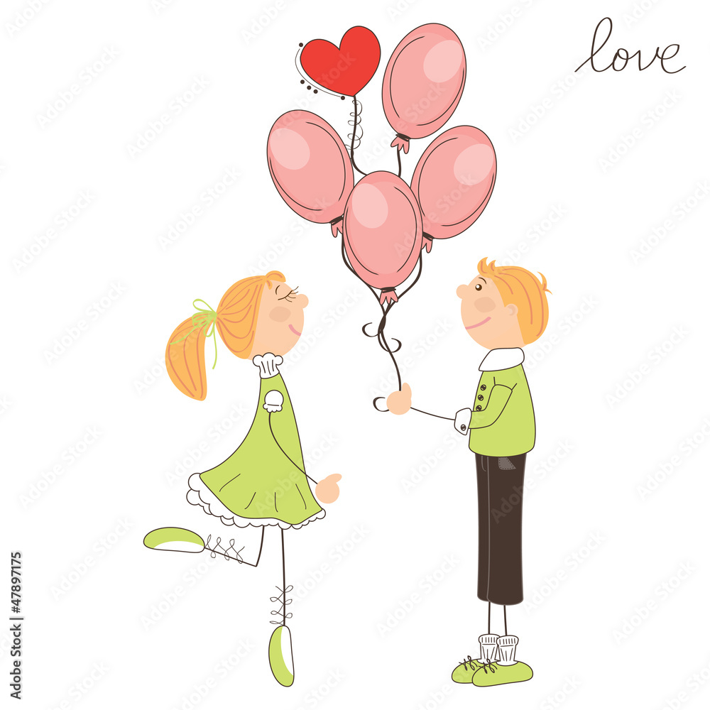 Boy give balloons to the girl. Valentine day illustration Boy give balloons to the girl. Valentine day illustration