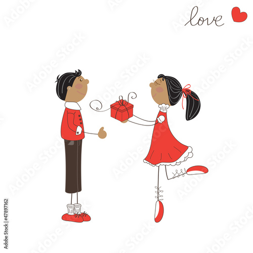 Cute girl give gift to the boy. Valentine day illustration
