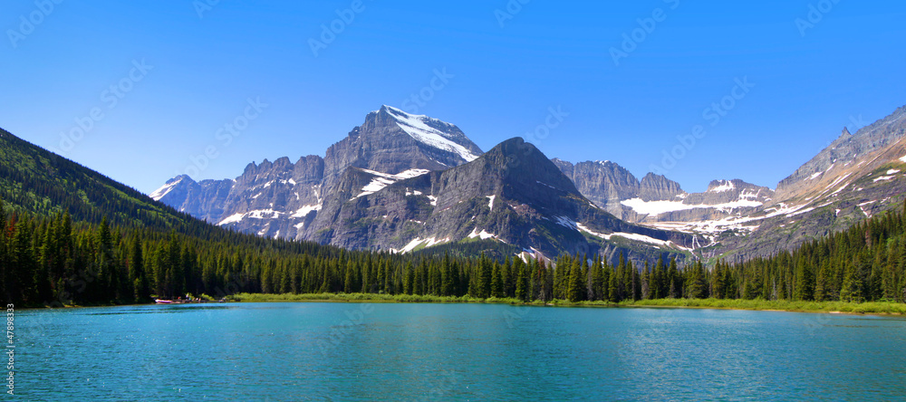 Panoramic view of Swift Current lake in Glacier national park