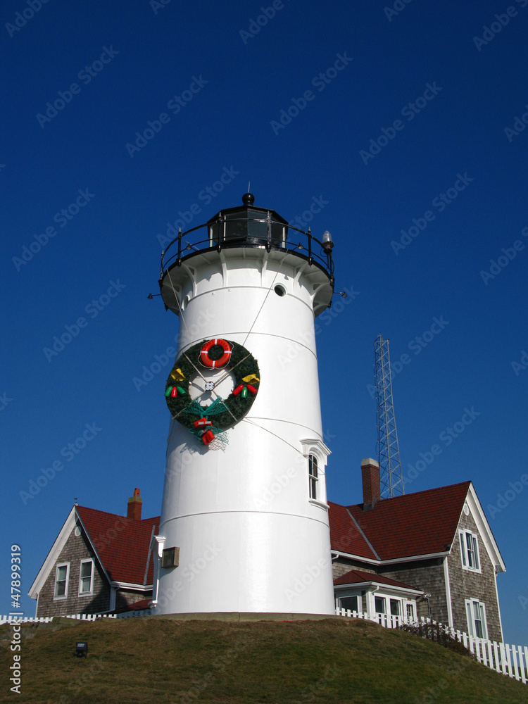 Christmas holiday decorated Nobska Lighthouse on cape Cod