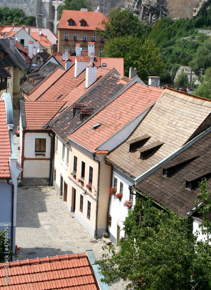 Medieval street with red roofs houses in Cesky Krumlov