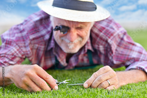 Close up of senior gardener cutting grass 3