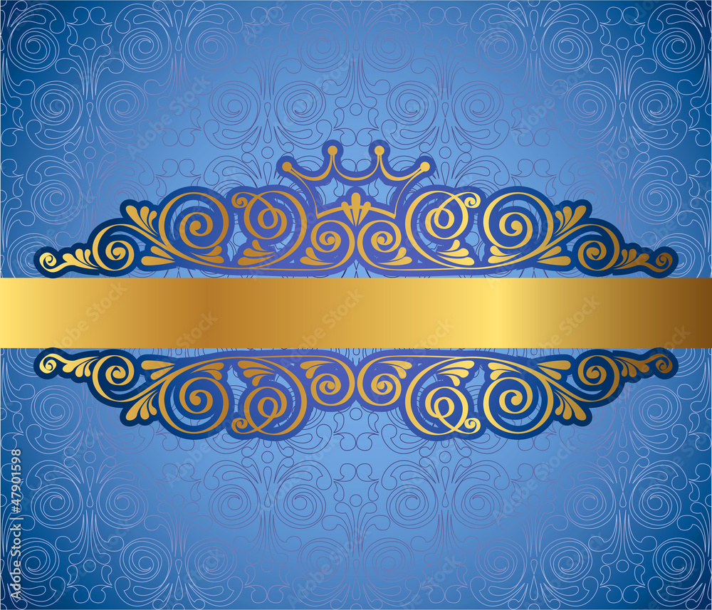 Gold antique frame on blue decorative background, vector