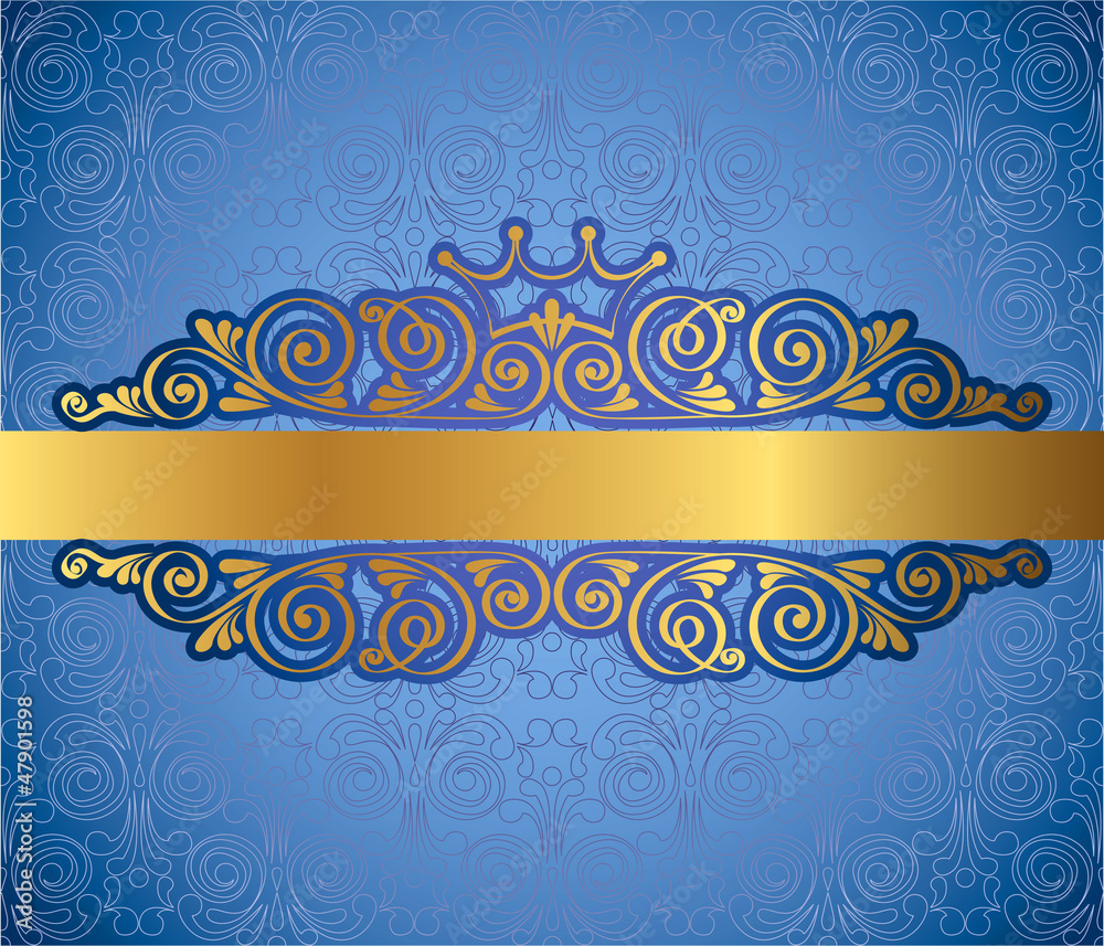 Gold antique frame on blue decorative background, vector Gold antique frame on blue decorative background, vector