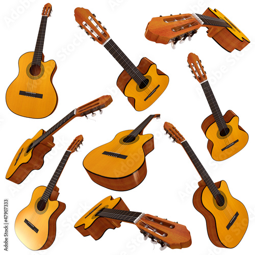 Classical acoustic guitar. Set. 3d render