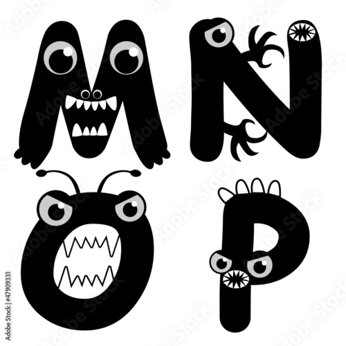 A set of strange creature font type, letter M to P