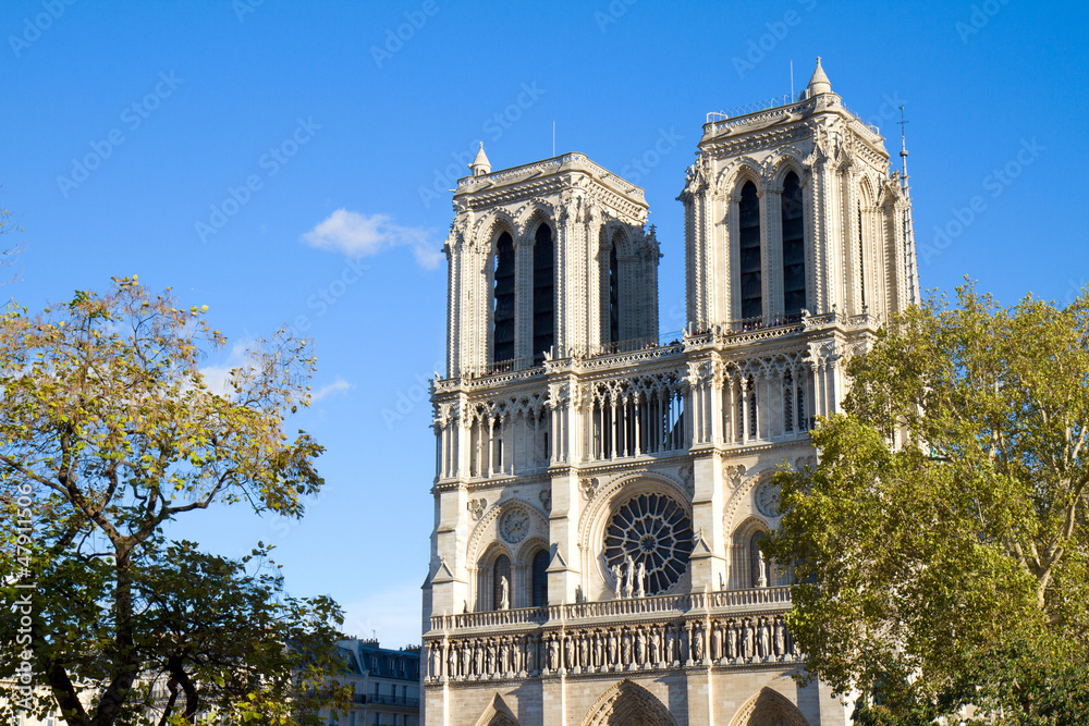 facade of Notre Dame cathedral, Paris, France