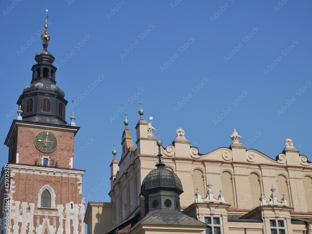 Tower of the city hall and the cloth hall in Krakow in Poland
