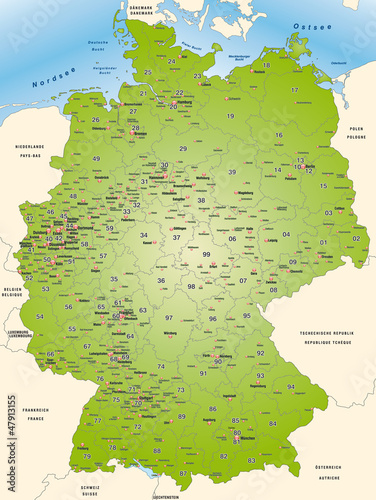 Umgebungskarte von Deutschland mit Postleitzahlen