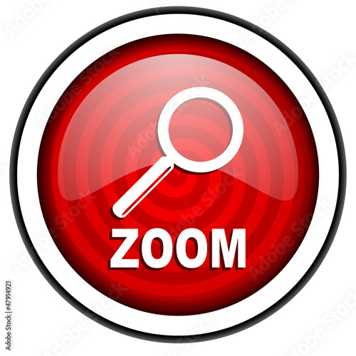 zoom red glossy icon isolated on white background