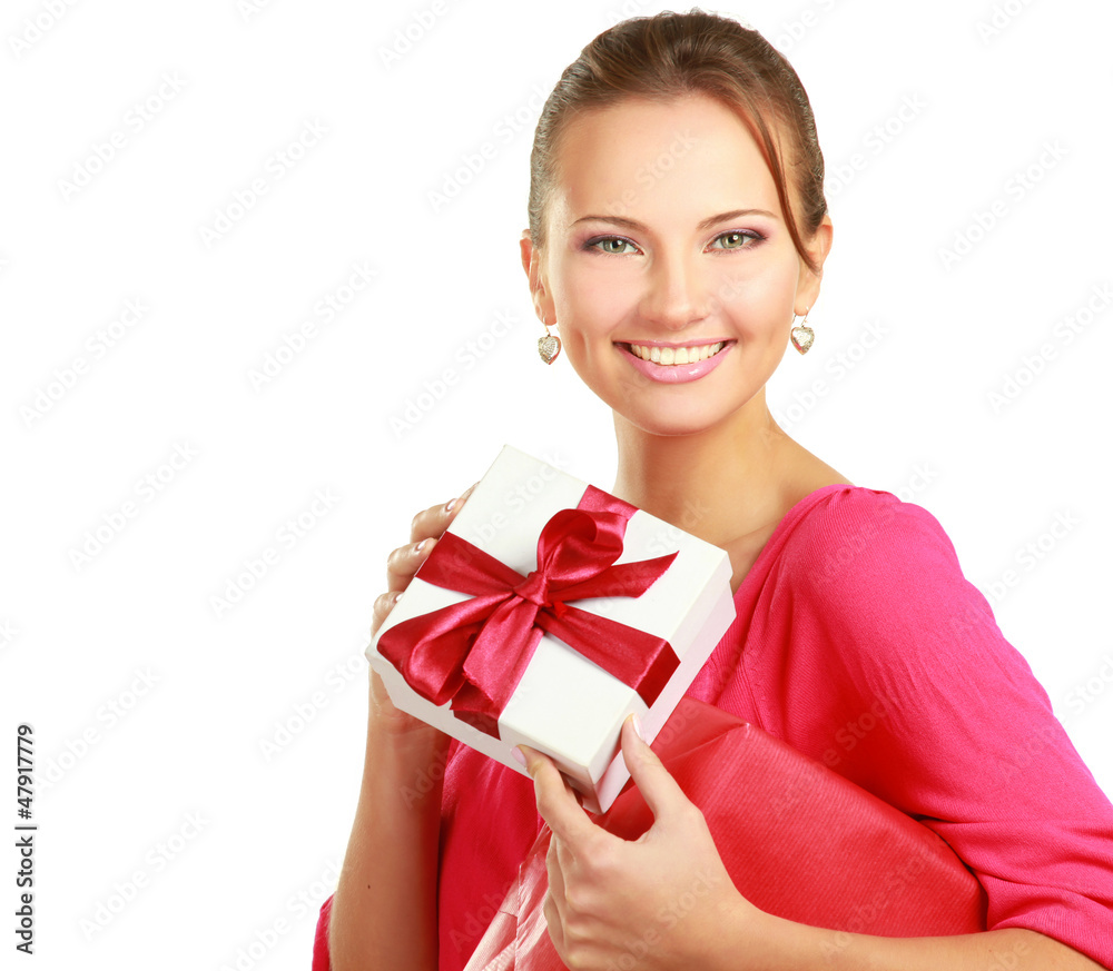Woman holding gift box isolated on white background Woman holding gift box isolated on white background