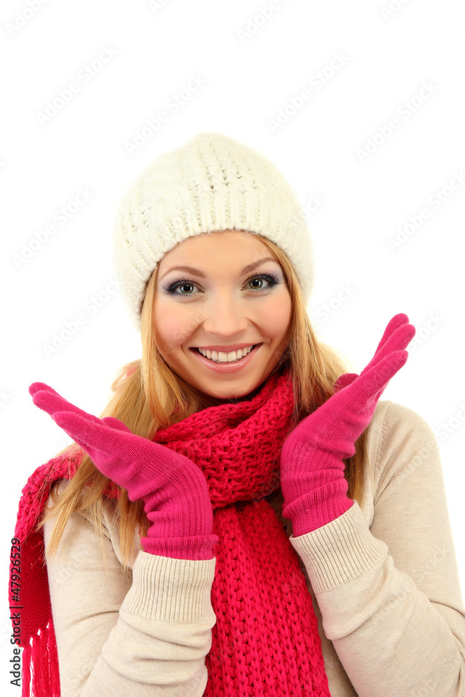 Young beautiful woman wearing winter clothing, isolated on