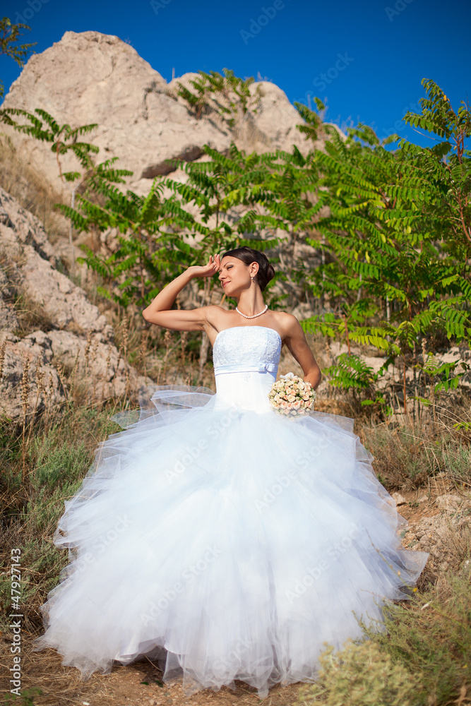 wedding: Happy bride on cliff on background blue sea in summer wedding: Happy bride on cliff on background blue sea in summer