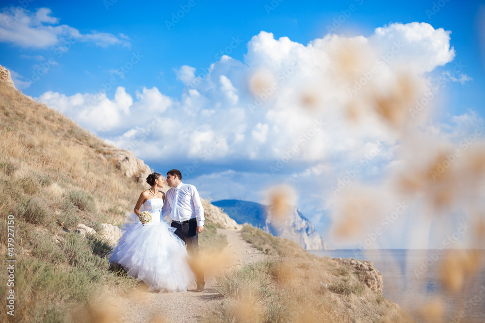young bride and groom hugging on cliff background of blue sea