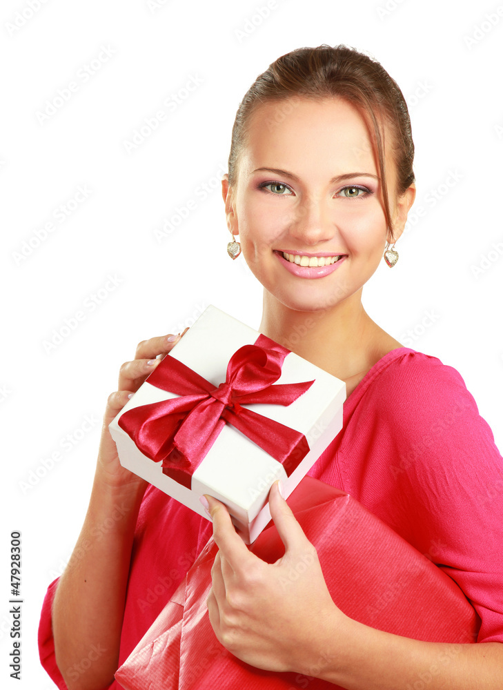 Woman holding gift box isolated on white background Woman holding gift box isolated on white background