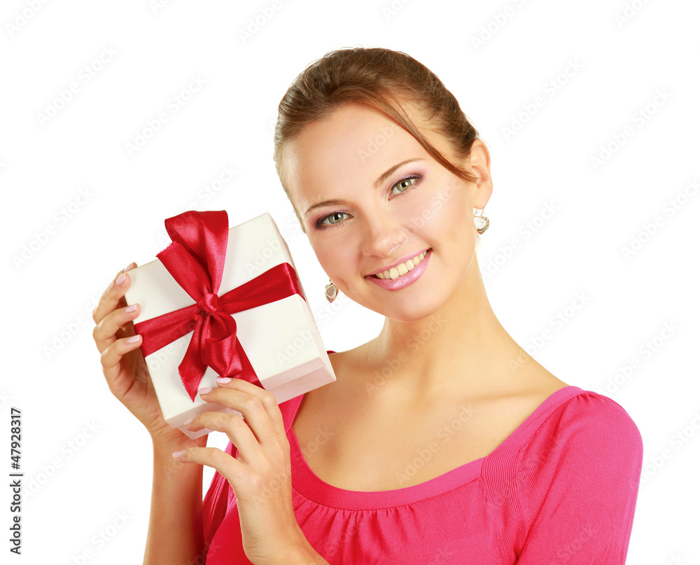 Woman holding gift box isolated on white background Woman holding gift box isolated on white background