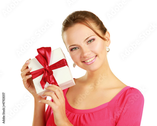 Woman holding gift box isolated on white background